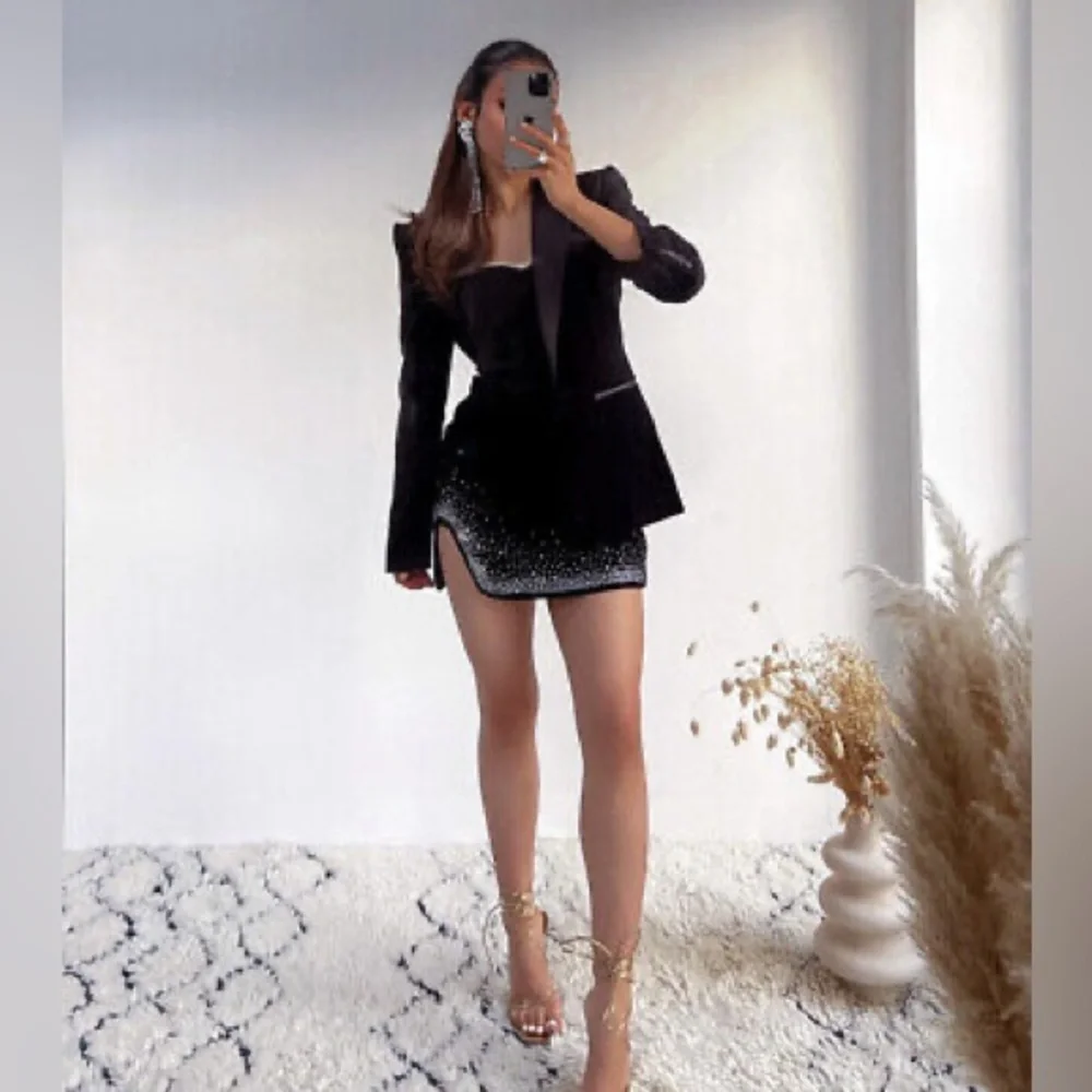 Zara Black Velvet Rhinestone Hem Cut-Out Thigh Mini Skirt